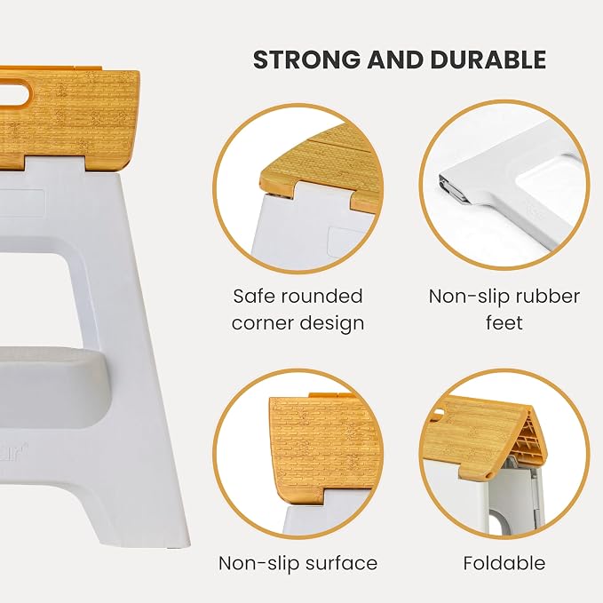 Vigar Compact Folding Step Stool, 16 in 2 Step, Gray Bamboo Print | 16 in Foldable Stool, Lightweight Portable Design, Handle, Non Slip Surface, Space-Saving, Supports up to 330 lb - Image 4