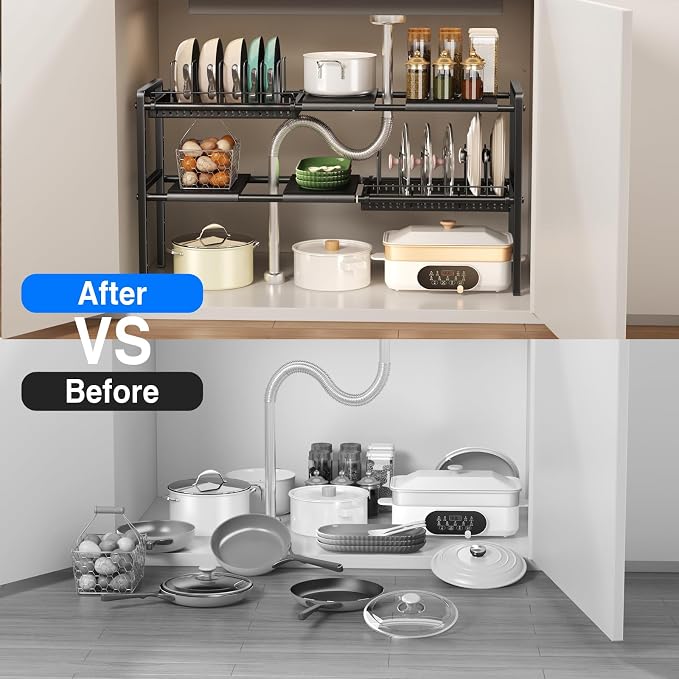 Mustorn Pots and Pans Organizer Under Cabinet, Expandable 2 Tier Under Sink Organizers and Storage Adjustable Height Kitchen Pot and Pan Lid Holder Rack with 12 Dividers Under Cabinet Shelf(Black) - Image 4