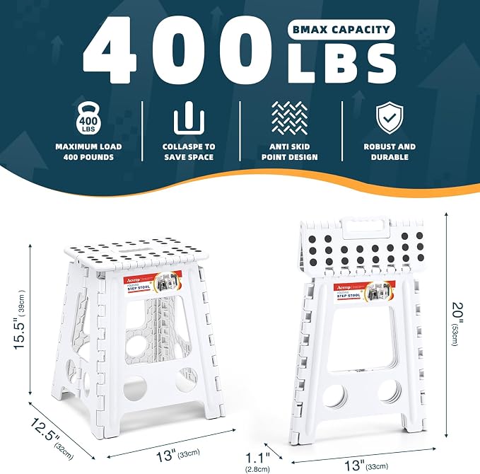 16 Inch Folding Step Stool, Heavy Duty, 400 lbs, White | Lightweight Collapsible Stepping Stool for Adults with Handle, Non-Slip, for Kitchen, Bathroom, Bedroom and Outdoor Use - Image 2