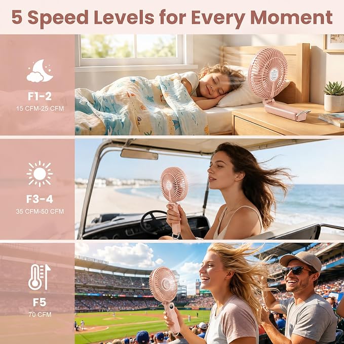 Portable Handheld Fan, 10000mAh Rechargeable 6-Inch Personal Fan for Travel | Ultra Quiet Foldable Desk Fan, 5-Speed Battery Operated Fan with Up to 40H Runtime and Digital Display for Travel and Makeup - Image 8