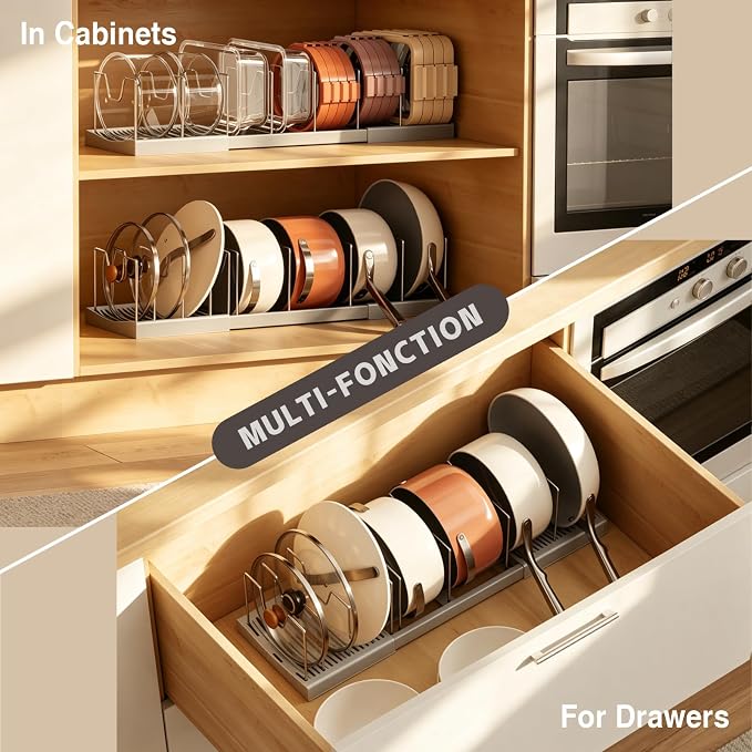 Magheo Pots and Pans Organizer Under Cabinet, Expandable 12.6"-22.8" Kitchen Cabinet Organizer Holder with 10 Adjustable Dividers for Food Storage Container Lid, Cookie Sheet, Cookware(1 Pack, Gray) - Image 8