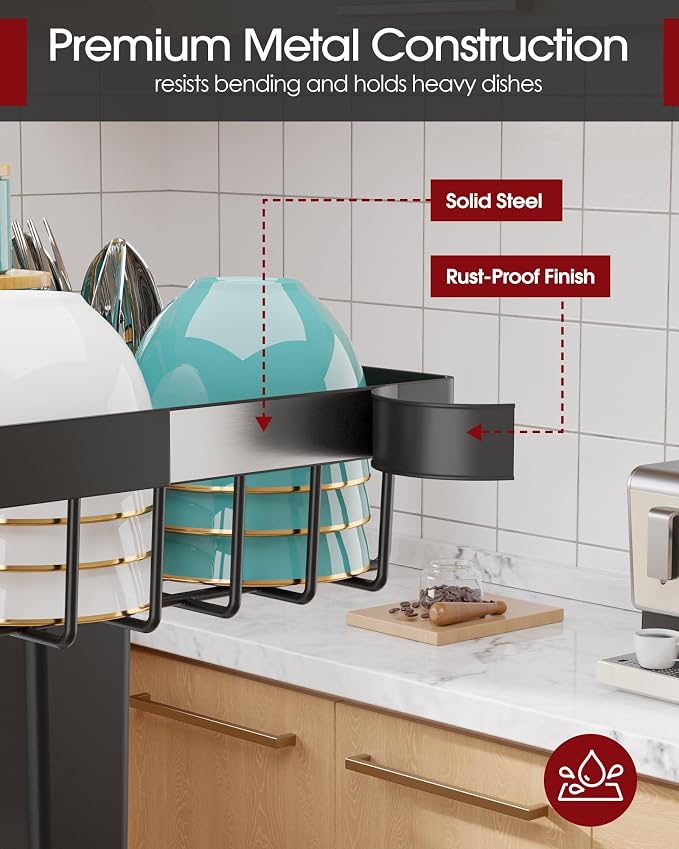 Sakugi Over The Sink Dish Drying Rack - Adjustable 2 Tier Large Capacity Stainless Steel Drainer with Cutlery & Utensil Holders, Kitchen Storage & Organization, 30"-33.9" L x 11" W x 21.5" H, Black - Image 6