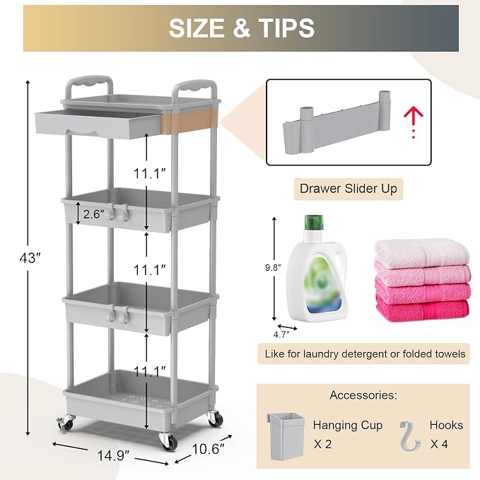 Goovilla 4 Tier Rolling Utility Cart Organizer with Removable Drawer, Grey | Stable and Sturdy Rolling Storage Carts with 2 Lockable Wheels for Bathroom, Kitchen, Snack, Craft, Makeup, Baby Essentials - Image 4