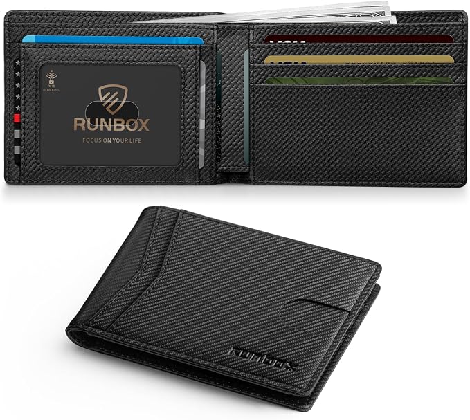 RUNBOX Wallet for Men Slim Leather Bifold RFID Blocking Minimalist Front Pocket Design with Gift Box | Minimalist Front Pocket Design, Holds 8 Cards, RFID Protection, Gifts for Men on Birthdays, Father’s Day, and Christmas by RUNBOX