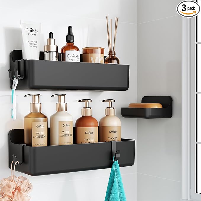 Orimade Shower Caddy 3-Pack, No-Drill Adhesive Shelves with 4 Hooks for Bathroom, Rustproof ABS Plastic Storage Organizer Set, Black by Orimade
