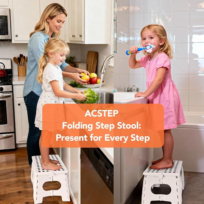 9 Inch Folding Step Stool, 15 Inch Extra-Wide, 300 lbs, White | Non-Slip Heavy Duty Foldable Step Stool for Kids and Adults, Extra-Wide for Comfort and Stability, for Bathroom and Kitchen - Image 8