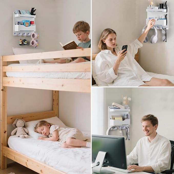 Bedside Wall Shelf with Glasses Hooks, Adhesive Bedside Organizer Wall Mount for Dorm and Room Accessories Phone，Remote，Earphone， Kindle (White) - Image 7