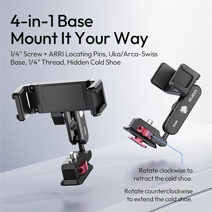 ULANZI MA56 4-in-1 Metal Phone Tripod Mount with Cold Shoe & Arca Swiss Plate, 360° Adjustable Hot Shoe Camera Phone Mount for iPhone, Compact All-in-One Adapter for Smartphone Photography & Video - Image 2