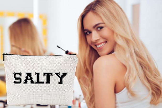 Funny Makeup Bag for Women - "SALTY" Sassy Cosmetic Pouch - Preppy Varsity Letter Style Travel Toiletry Organizer - Cute Beige Canvas Zipper Clutch for Beach Vacation, College Dorm & Best Friend Gift - Image 6