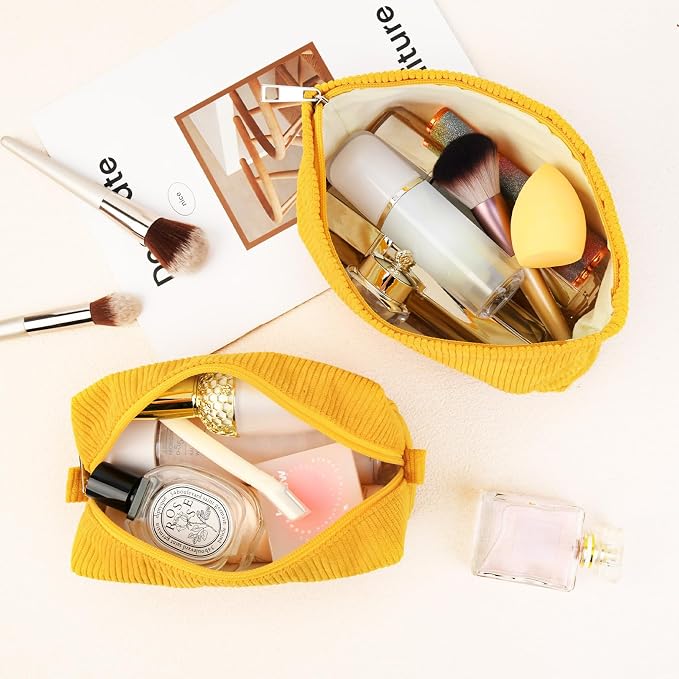 SOIDRAM 2 Pcs Corduroy Makeup Bag Large Cosmetic Bag Toiletry Bag Makeup Pouch Travel Bag Organizer Cute Makeup Brushes Aesthetic Accessories Storage Bag for Women Mustard Yellow - Image 4