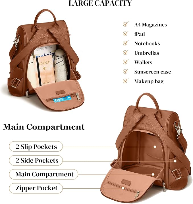 Leather Backpack Purses, Anti-theft Genuine Leather Backpack Bags for Women, Large Capcacity Fashion Convertible Shouler Bags for School Travel Daily - Image 3