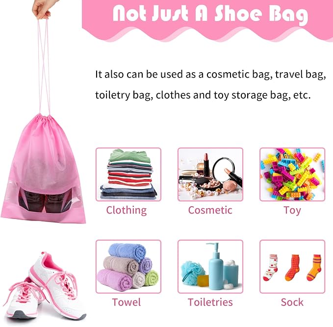 Pink Travel Shoe Bags - 5 Pcs Non-Woven Packing Bags with Clear Window | 15.7" x 11.8" Waterproof Dustproof Portable Travel Shoe Storage Bag for Men and Women - Image 6