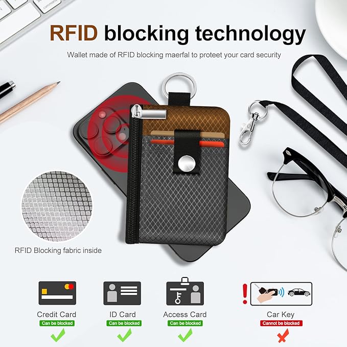 Minimalist RFID Blocking Small Wallet with ID Window,WaterResistant Zip Id Case Wallet with Lanyard Keychain for Cards,Cash,Travel,Women,Men（Drak Grey/Brown） - Image 4