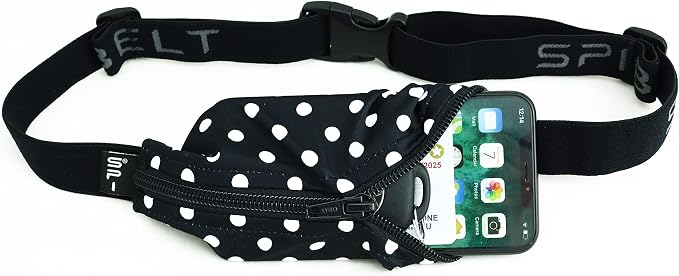 SPIbelt Running Belt for Women Men, Phone Holder for Running, Running Fanny Pack, Holder for Phone, Running Waist Pack, Adjustable Waist, [Fits All Phones]. Black White Polka Dot/Black Zipper by SPIbelt