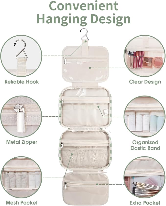 Narwey Travel Toiletry Bag for Women Large Capacity, Hanging Makeup Bag Organizer Toiletries Bag for Full Size Essentials, Accessories, Brushes, Cosmetics (Mint Green Checkerboard (Large)) - Image 7