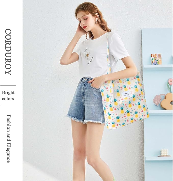 LHMTQVK Corduroy Tote Bags for Women, Large Capacity Tote Purse Reusable Grocery Shoulder Bag with Inner Pockets - Image 5