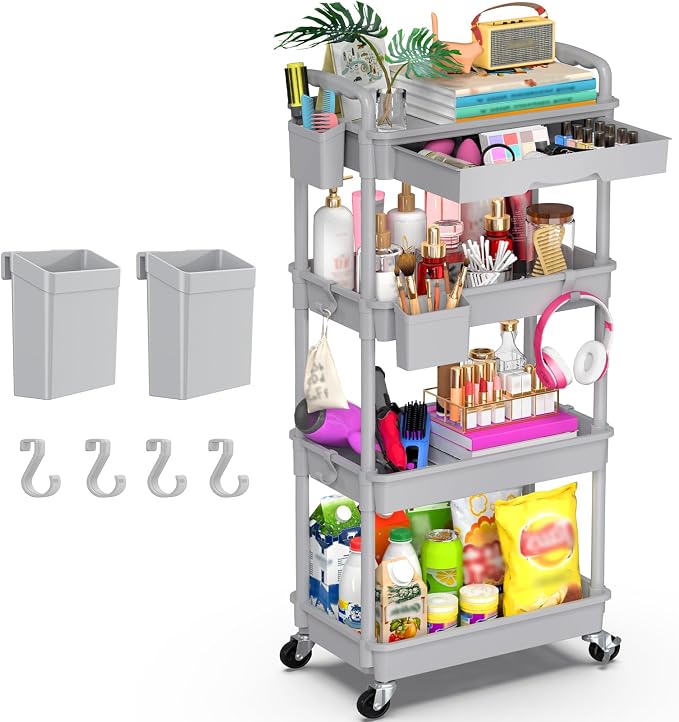 Goovilla 4 Tier Rolling Utility Cart Organizer with Removable Drawer, Grey | Stable and Sturdy Rolling Storage Carts with 2 Lockable Wheels for Bathroom, Kitchen, Snack, Craft, Makeup, Baby Essentials by Goovilla