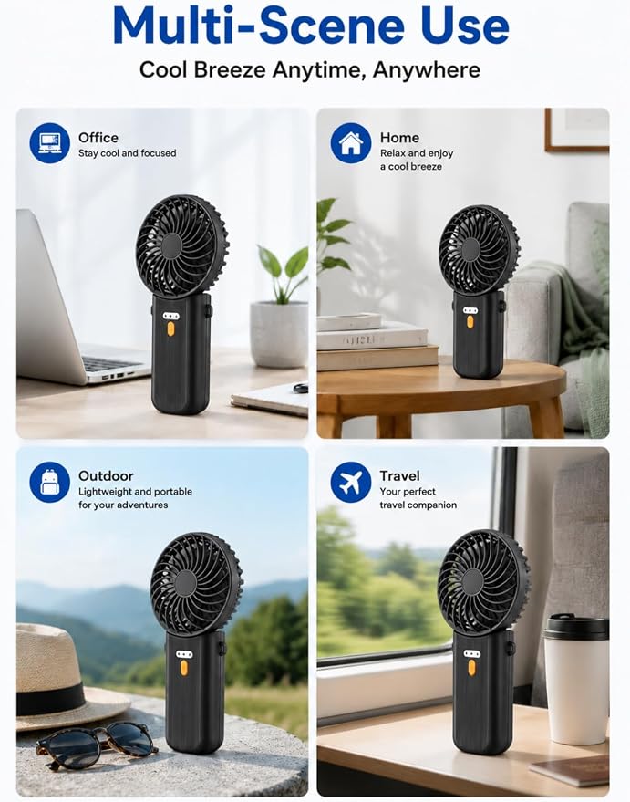 Portable Mini Fan, Quiet Foldable Fan with Lanyard (Black) | 4 Speeds, 15H Rechargeable Battery, Portable Pan for Travel, Home, Office, Outdoor, Makeup, Women, Men, Black - Image 5