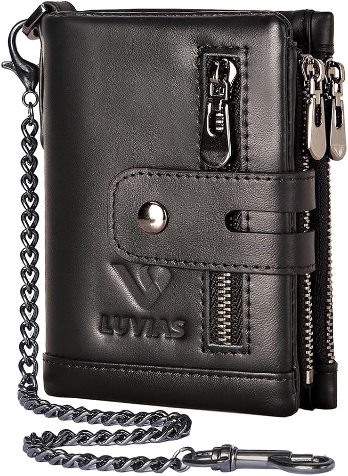 Anti-Theft Mens Wallet with Chain Genuine Leather ID Window Purse with RFID Blocking Bifold Double Zipper Coin Pocket with Gift Box by Unknown