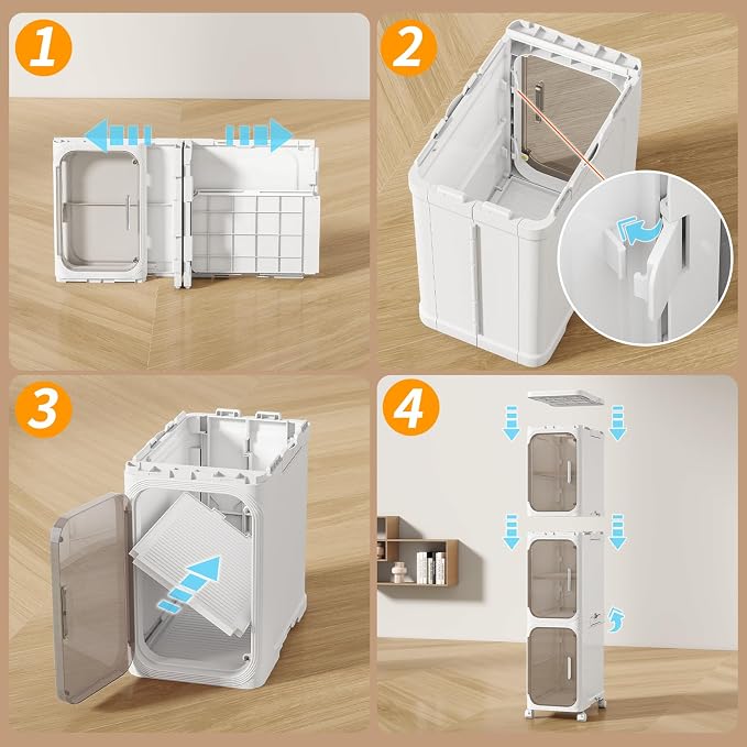 4 Tier Slim Bathroom Storage Cabinet, Foldable and Movable, White | Tools Free, ABS and PET, Magnetic Clear Door, Adjustable Shelves, Lockable Wheels, Water Resistant, For Narrow Space - Image 6