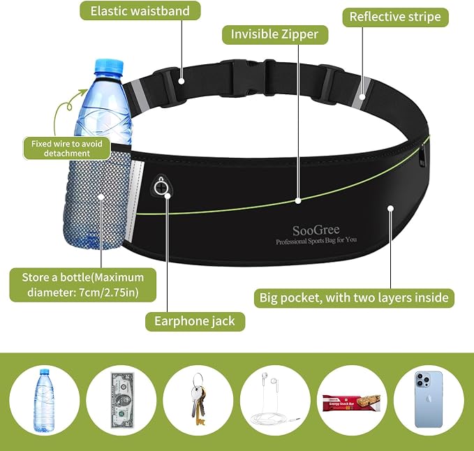 SooGree Slim Running Belt Fanny Packs for Women Men,Water Bottle Holder Hydration Fanny Pouch,Waterproof Sport Waist Pack with Reflective Strip,Runner Belt Bag for Running Cycling Camping Gym (Black) - Image 5