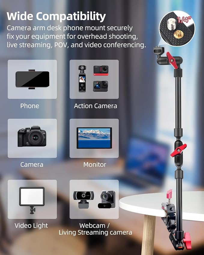 22" Magic Arm w Clamp Mount, Overhead Desk Phone Mount Stand, Adjustable Articulating Friction Camera Boom Arm w 1/4" Thread for Phone Video Light Webcam Action Camera Tripod Mic - Image 5