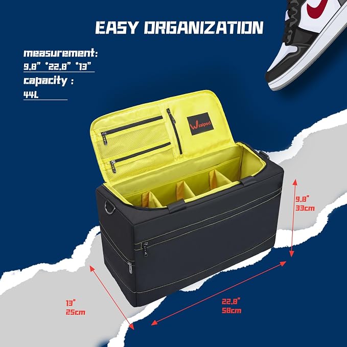 Sneaker Duffel Travel Bag, Waterproof Sneaker Duffle Bags Shoe Bags for Travel, Basketball Sports Gym bag with 3 Adjustable Dividers, & Shoulder Strap, Yellow - Image 6