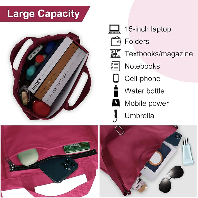 Women's Canvas Tote Bag inside Out Bag with Adjustable Crossbody Strap for Work Travel Shopping Durable Handbag for Men - Image 4