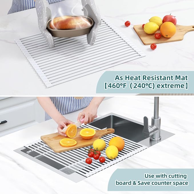 Ohuhu Over Sink Dish Drying Rack, 17.6" W x 15.4" L Roll Up Dish Racks Kitchen Sink Organizer Silicone Wrapped Large in Sink Dish Drying Rack Foldable Rolling Drain Mats Anti-Slip - Image 5