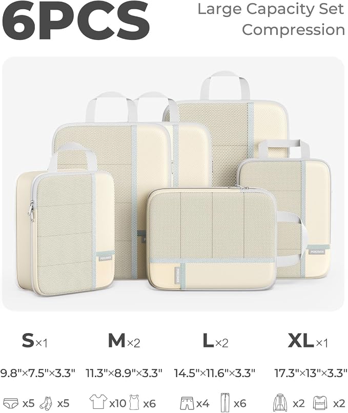 Percover Compression Packing Cubes for Travel, 6-Piece Structured Compression Organizer Set for Organized Packing & Carry-On Luggage, Beige - Image 2