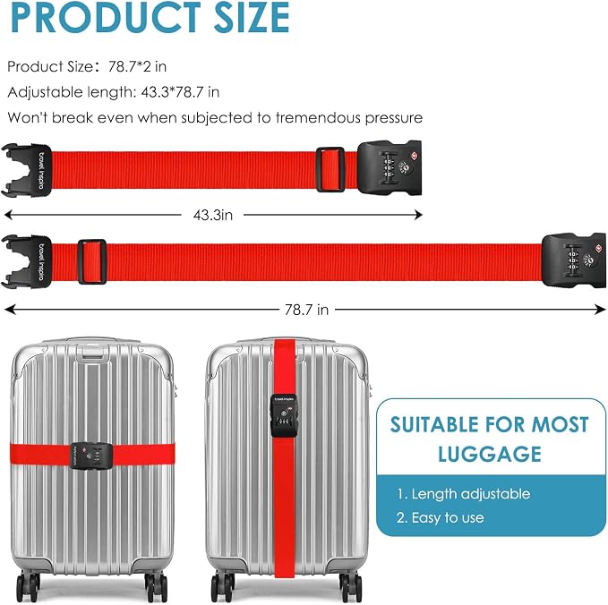 Travel Inspira 2 Pack Luggage Straps for Suitcases with TSA Lock | 2-Pack Set; TSA-Approved Lock with Tag; Adjustable 103-200cm; High Visibility Red; Heavy-Duty Nylon; 20-28 Inch Suitcases - Image 7