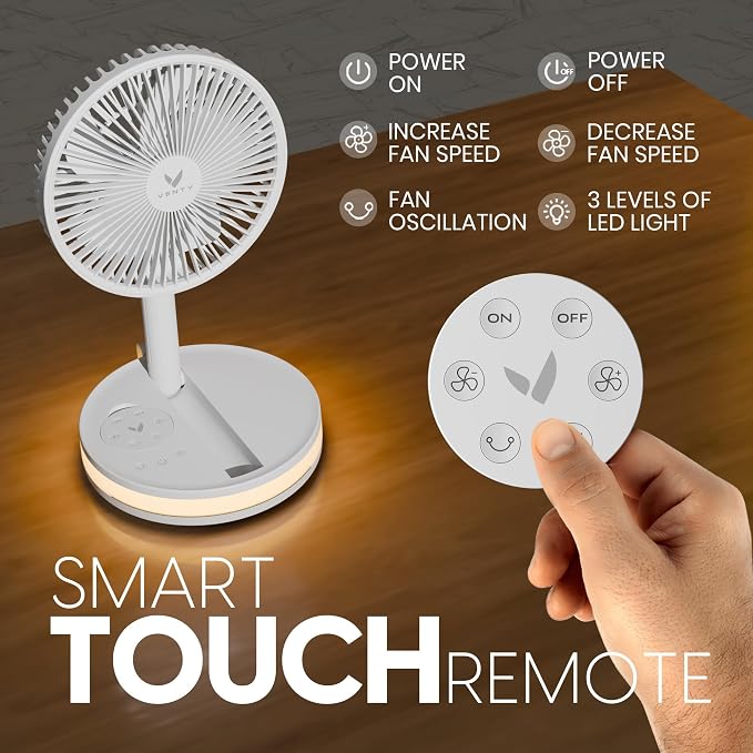 VENTY Portable Fan - Wireless Battery Operated Fan - 4 Speeds - LED Lighting - Carry Case & Remote Control - Cruise Travel - Outdoor Travel RV Power Bank With USB-C Port (White with Case) - Image 4