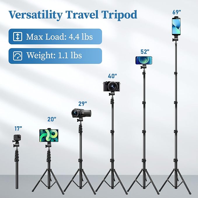Phone Tripod Stand, 70" Selfie Stick Cell Phone Tripod with Remote | Phone Holder/Carry Bag, Aluminum Alloy Selfie Stick Tripods, Compatible with iPhone Samsung GoPro Smartphone - Image 6