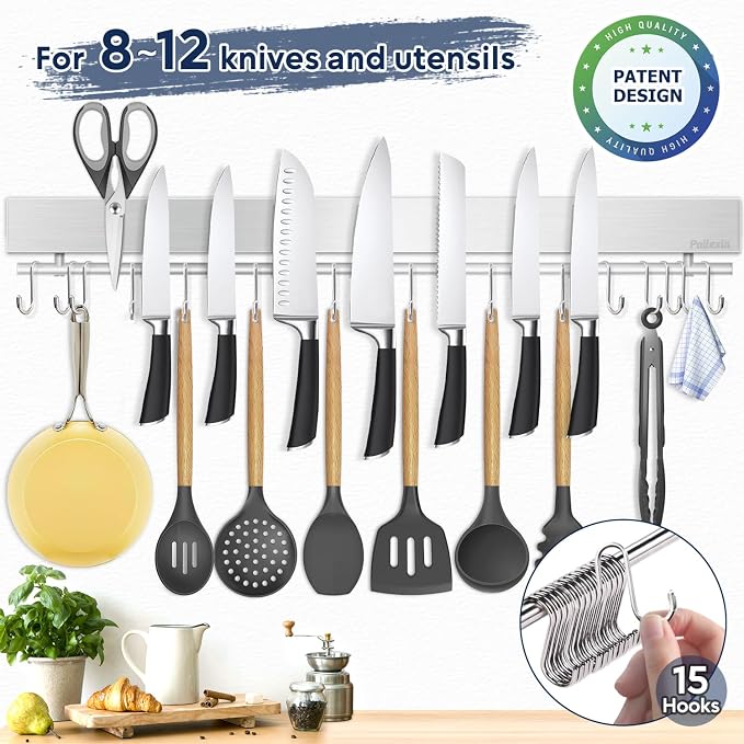 23 inch magnetic knife holder with 15 hooks, No Drilling knife magnetic strip and utensil hanger for wall, Powerful knife magnet rack include tape and screws - Image 3