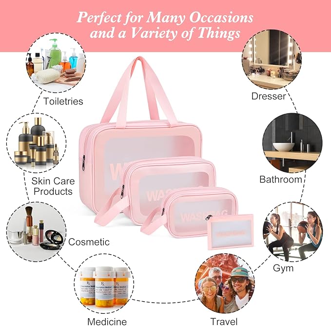 YuanCheng Upgrade Travel Toiletry Bags for Women, Pack-4 Different Size Make Up Bags with Handle, Large Capacity Translucent Waterproof Travel Cosmetic Bags (Comestic Bag-Pink) - Image 2