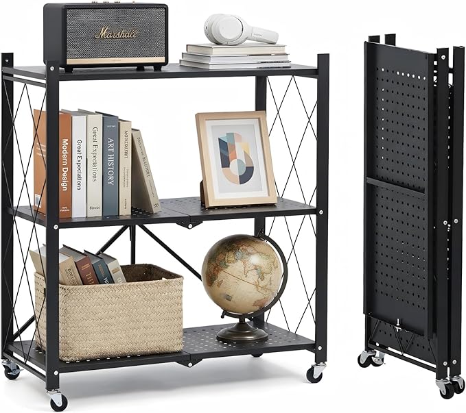 3 Tier Foldable Storage Shelves with Wheels, Metal Collapsible Organization Storage Rack, No Assembly Folding Bookshelf, Rolling Storage Rack for Kitchen, Bedroom, Pantry, Garage, Display, Black by Unknown