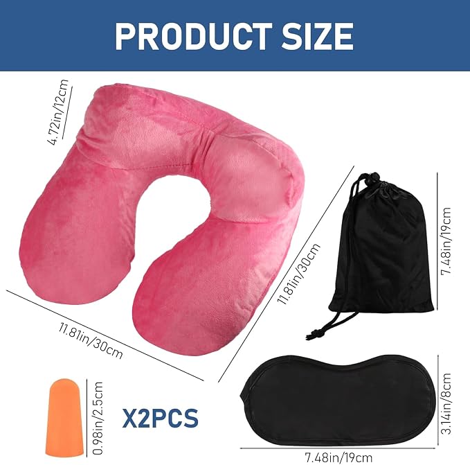 Air-Filled Travel Pillows for Sleeping Airplane Neck Support for Traveling Pillow Inflatable Travel Neck Pillows for Air-Filled Neck Pillow Airplane, with Eye Masks, Earplugs - Image 2