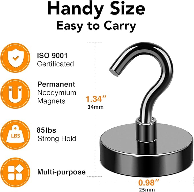 Magnetic Hooks 85Lbs Heavy Duty Magnets with Hook for Cruise Cabin | Strong Magnet Hooks for Hanging Super Metal Magnetic Hanger for Grill Fridge Kitchen Pack of 6 Black - Image 4