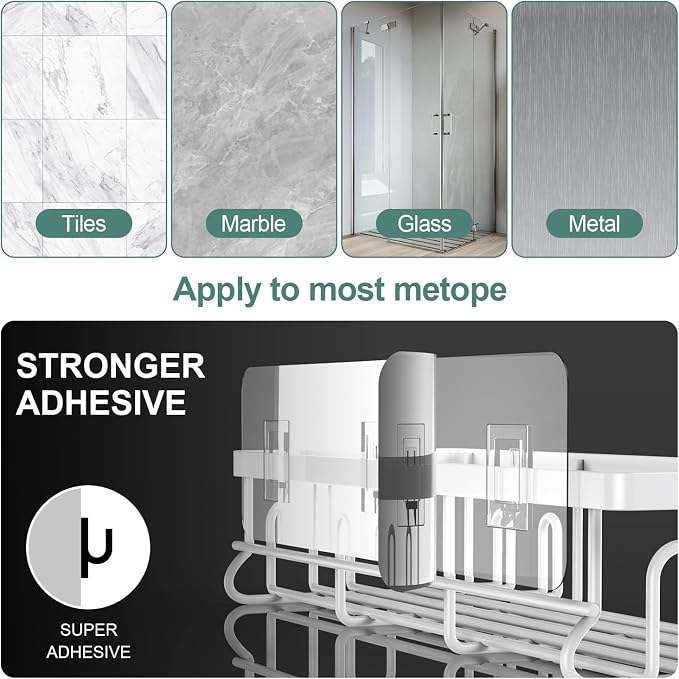 Getsrichfc Shower Caddy Adhesive, Rustproof Shower Shelves for Inside Shower, Large Capacity Bathroom Organizers and Storage, Shower Storage with Removable Hooks, No Drill Bathroom Accessories White - Image 7