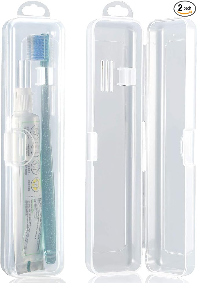 Patelai 2 Pack Toothbrush Case Container for Travel, Clear Portable Holder | Portable Toothbrush Travel Organizer, Fits Toothbrush and Toothpaste, Hard Plastic, Snap Closure, 2 Pack Clear Box by Patelai