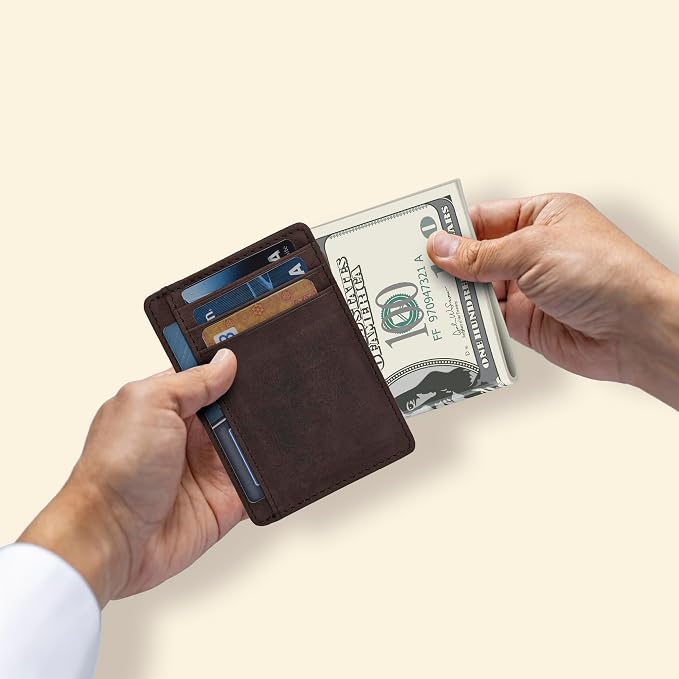 Slim Minimalist RFID Leather Wallet, Front Pocket Card Holder, Brown Hunter - Image 4