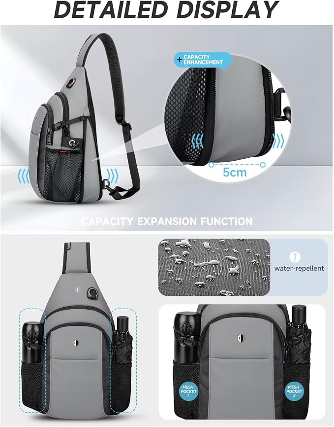 Expandable Sling Bag for Men, Anti-Theft Chest Pack with Water Bottle Pocket & Earphone Port, Crossbody Backpack for Hiking, Travel & Outdoor, Fits Switch 2, 11 Inch iPad, Grey | Mens Crossbody Bag - Image 3