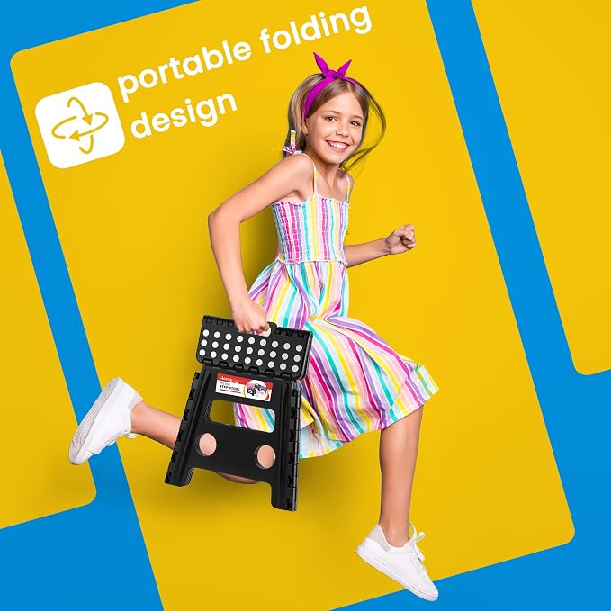 13 Inch Folding Step Stool, Non-Slip Surface for Adults/Kids, Black | Collapsible Heavy Duty Foldable Stools, Portable Foot Stepping Stool Holds 300 lb, Kitchen Bathroom Outdoor, with Handle - Image 3