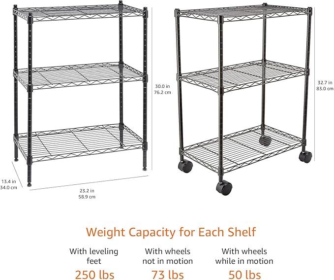 Amazon Basics 3-Shelf Adjustable Heavy Duty Storage Shelving Unit on 2" Wheels, Metal Wire Rack for Garage, Utility Shelving with Leveling Feet, 23.2"L x 13.4"W x 32.75"H, Black - Image 3