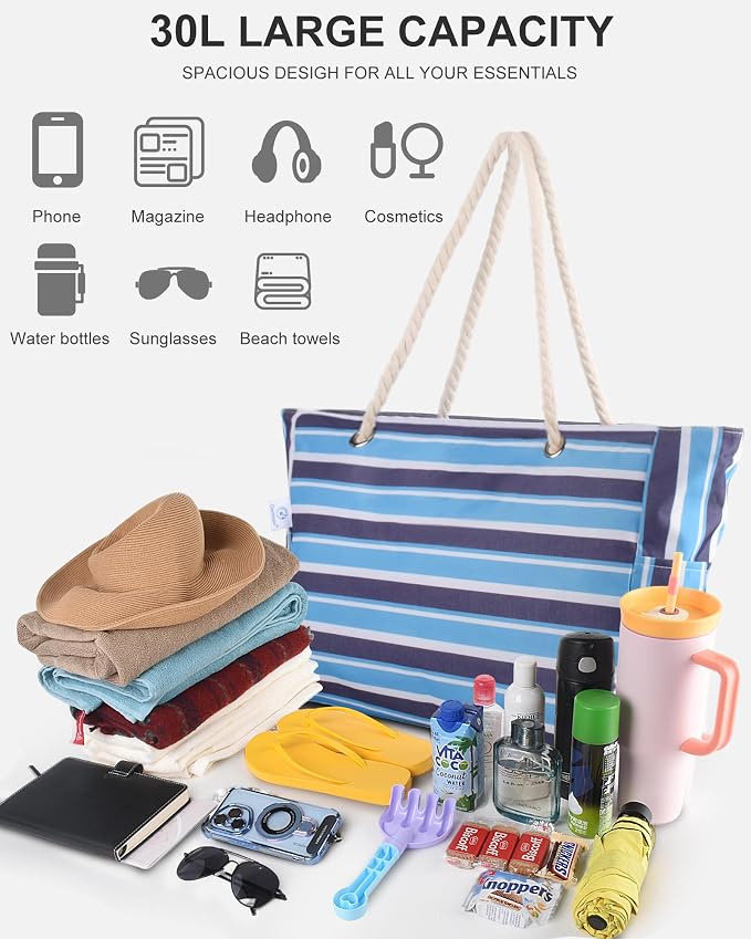 Genteen Beach Bag for Women, Large Waterproof Sandproof Beach Tote with Zipper Pocket, Solid for Travel Pool - Image 5