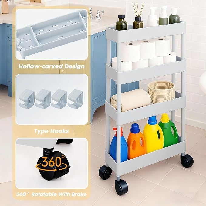 ShellKingdom 4 Tier Bathroom Storage Organizer, Slim Rolling Storage Cart for Narrow Space, Mobile Shelving Unit with Lockable Wheels and Hooks for Bathroom, Kitchen, Laundry Movable Shelf (Grey) - Image 5