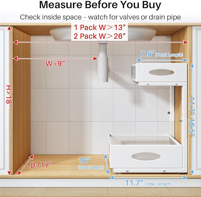 Under Sink Organizer, 2 Pack 2 Tier Pull Out Under Cabinet Organizer Shelf with Pad for Framed Cabinets, Metal Slide Out Under Sink Storage, Mesh Sliding Drawers for Kitchen Bathroom Laundry, White - Image 2