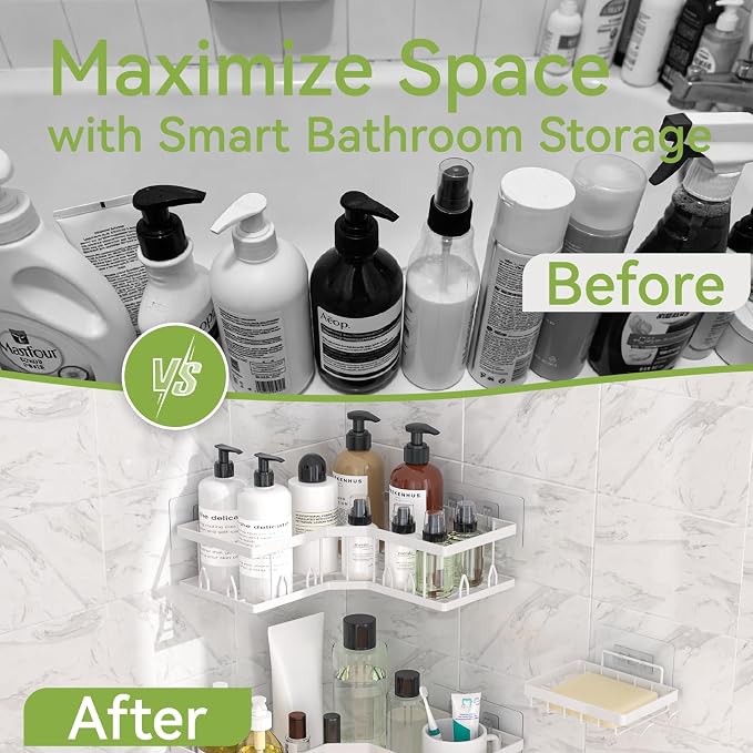 Shower Shelf Corner, Adhesive Shower Caddy Rustproof, Shower Shelves Corner with Soap Holder, No Drilling Shower Corner Organizer for Dorm, Renters Bathroom, White, 3 Pack - Image 6