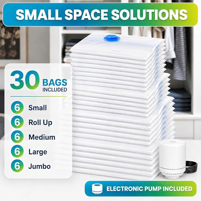 Vacuum Storage Bags,30Pack Vacuum Seal Bags with Electric Air Pump,Vacuumm Seal Bag for Clothing,Travel,Clothes,Comforters,Blankets,Pillows-6 Jumbo+6 Large+6 Medium+6 Small+6 Roll Up Space Saving Bag - Image 8