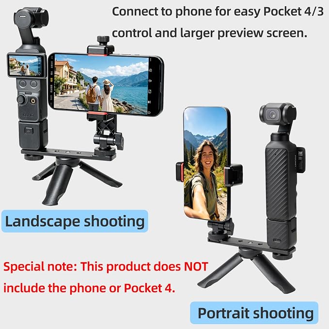 Phone Holder Mount with Mini Tripod for DJI Osmo Pocket 4/3, Vlog Rig with Cold Shoe & 1/4" Thread, 180° Adjustable Phone Clip for Live Streaming & Vlogging - Image 3